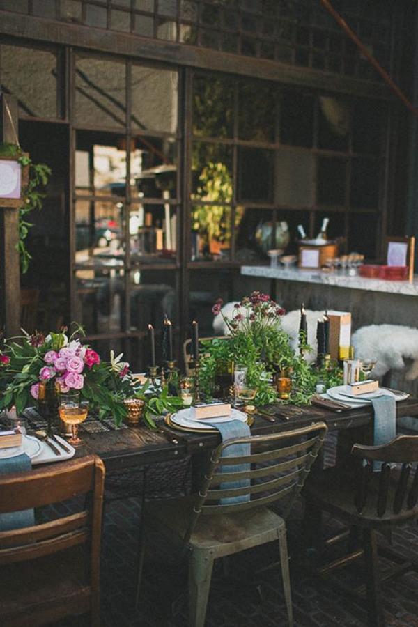 Industrial woodland wedding table ideas