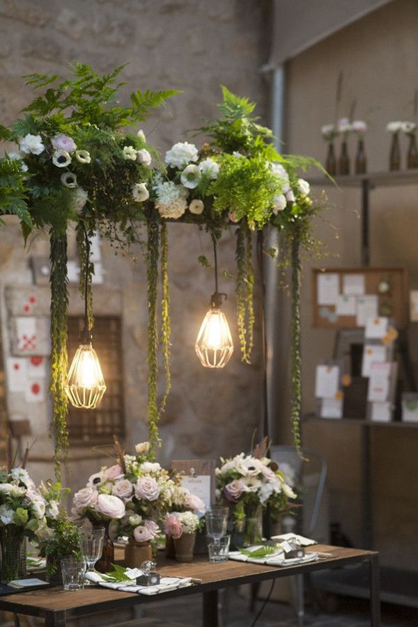 Modern Pendant Lights over a Lush Garden Wedding Table