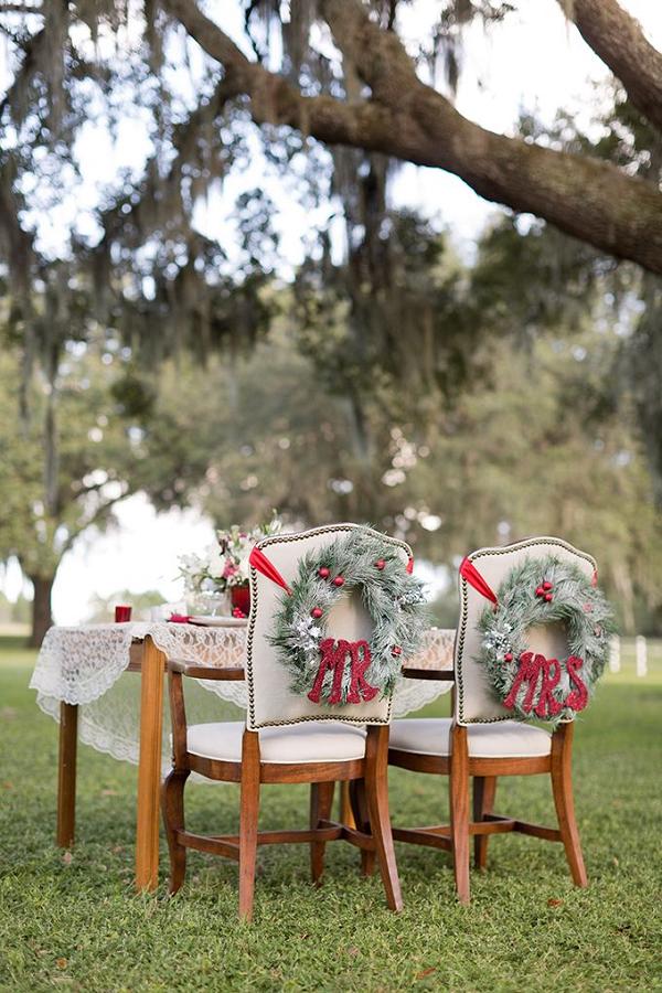 30 Red and Green Scandinavian Winter Wedding Ideas 31 Mr and Mrs chair wreaths