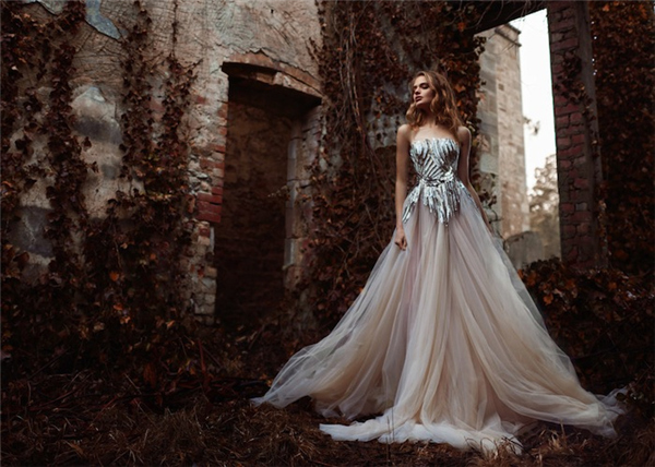Paolo Sebastian champagne and silver tulle wedding dress 2016