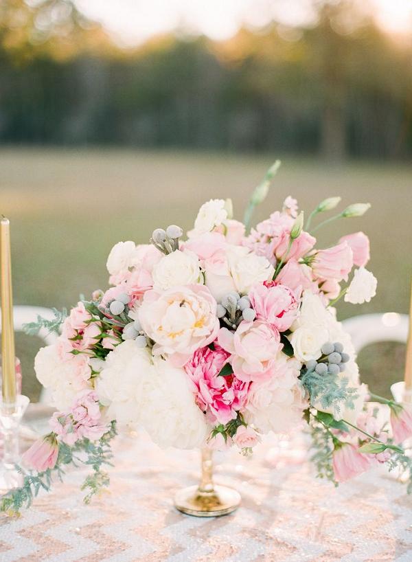 Pink Peonies and Gold Chevron Wedding Centerpiece