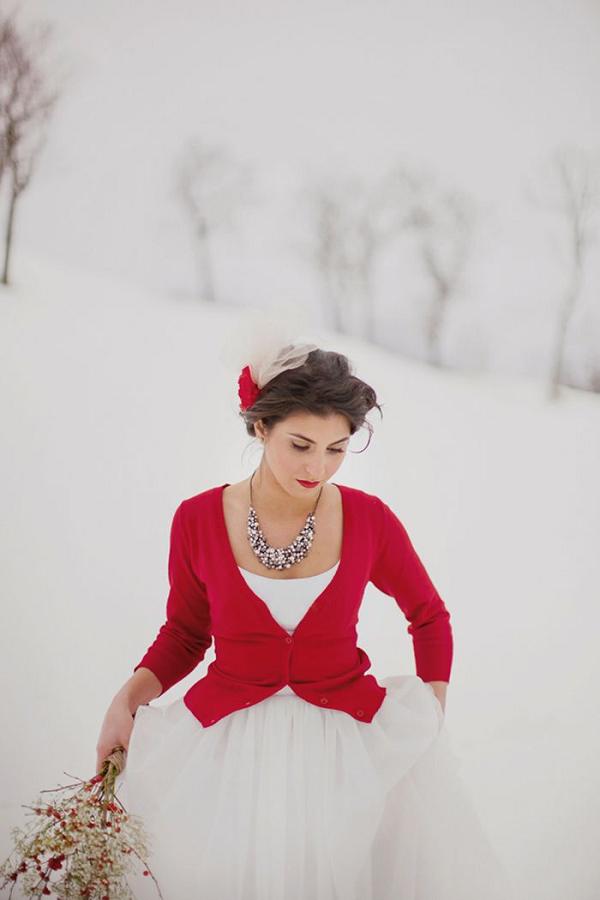 30 Red and Green Scandinavian Winter Wedding Ideas 3 Red Cardigan and Wedding Dress