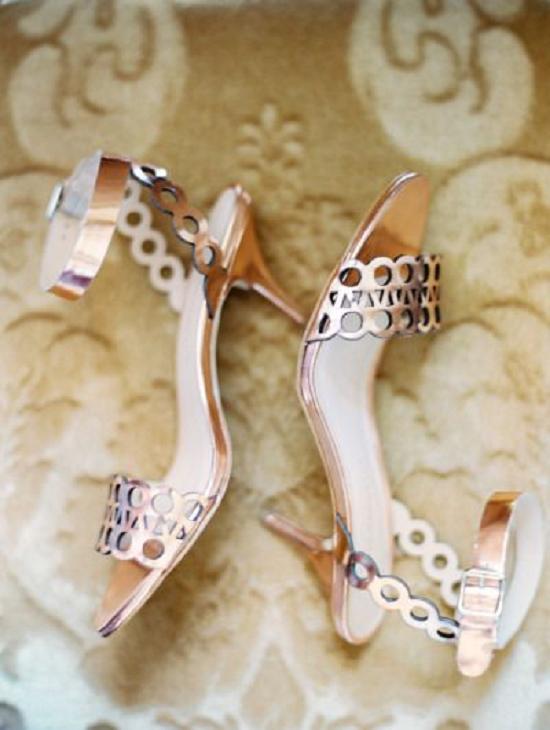 Rose gold hued wedding shoes