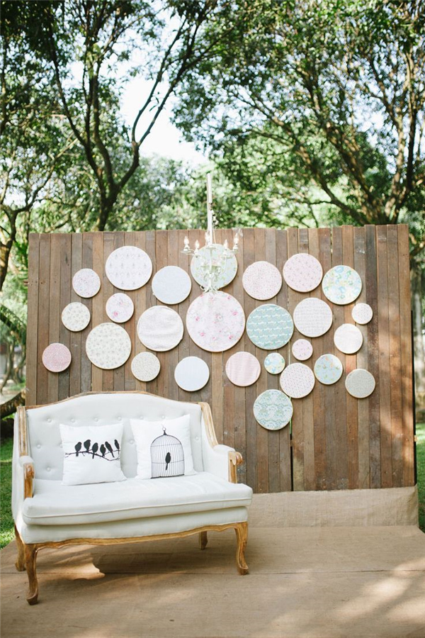 Rustic wedding backdrop with printed embroidery hoops