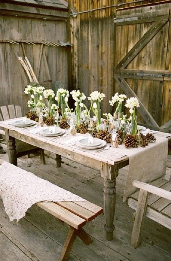 30 Spectacular Winter Wedding Table Setting Ideas 23 Rustic wedding table ideas with burlap, pinecones and simple glass vases with a few flowers