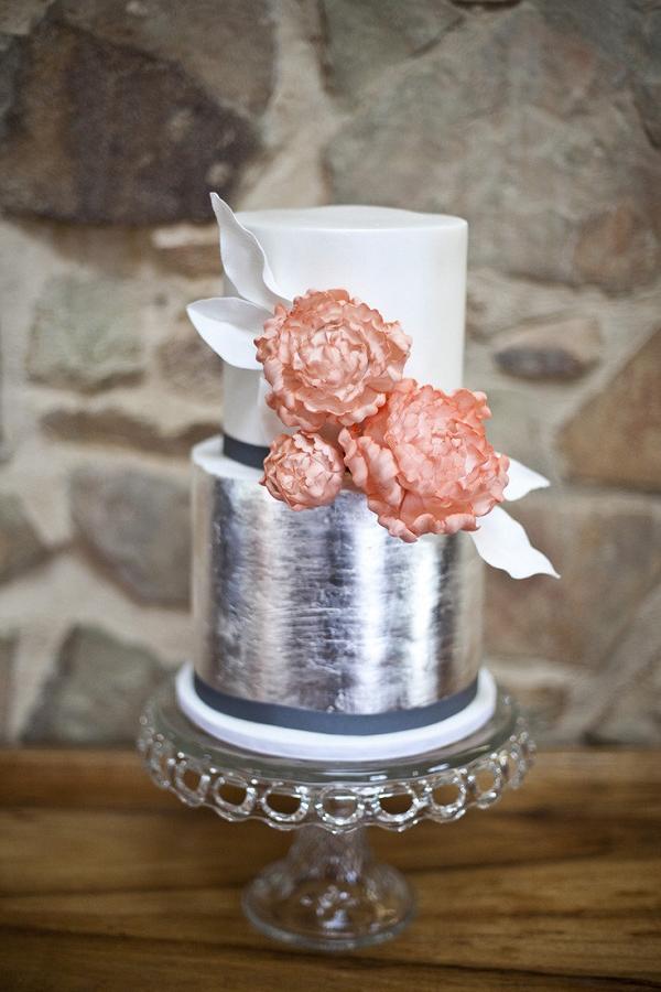 Silver and blush wedding cake