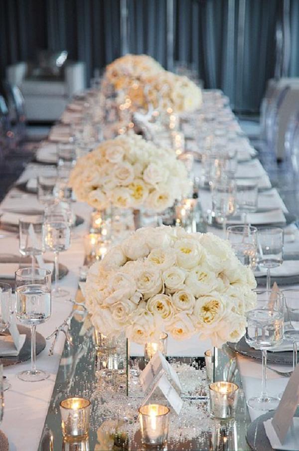Silver and white flowers winter table setting ideas