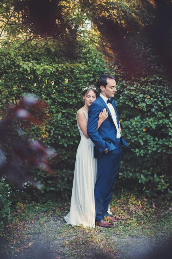 Snorkel Blue Groom Attire and Simple Wedding Dress