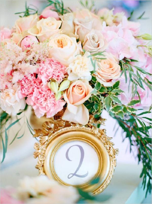 40 Romantic Pink and Gold Wedding Color Scheme Ideas 13 Vintage gold framed table number and pink flowers wedding centerpiece