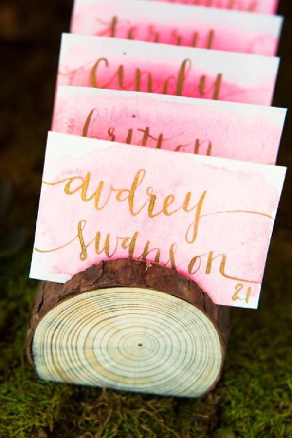 Watercolor pink and gold wedding place cards