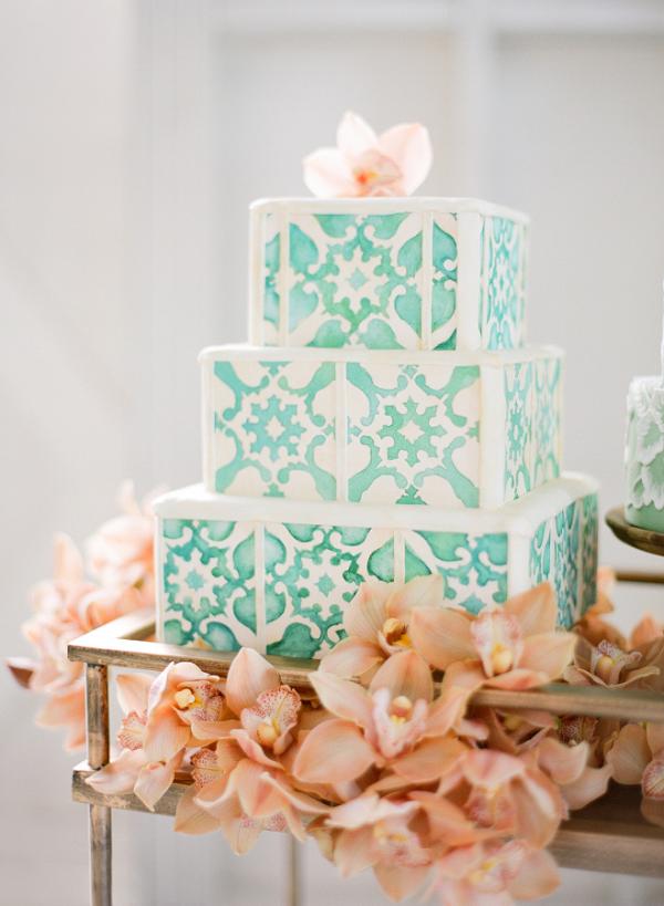 aqua and white wedding cake