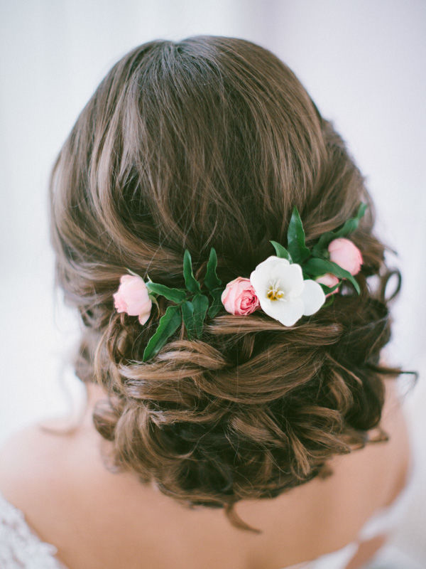 bridal updo hair style with flowers