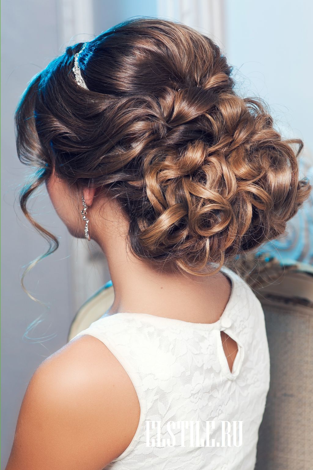curly wedding updos and pearl headpieces