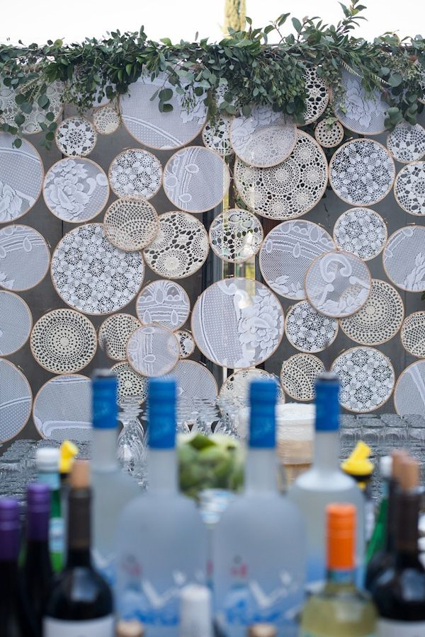 embroidery hoops with vintage lace wedding backdrop