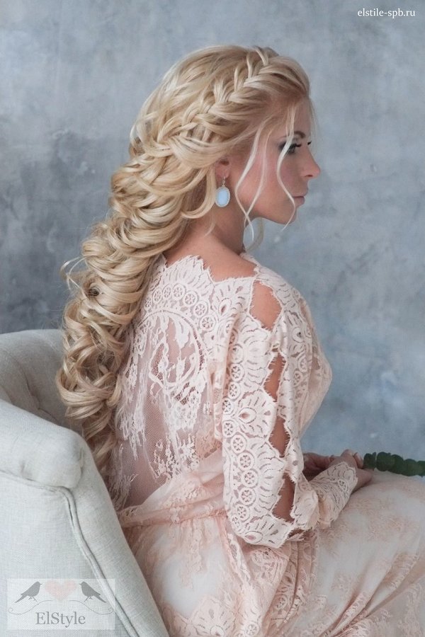french braided long bridal hairstyle with vintage long sleeves wedding dress
