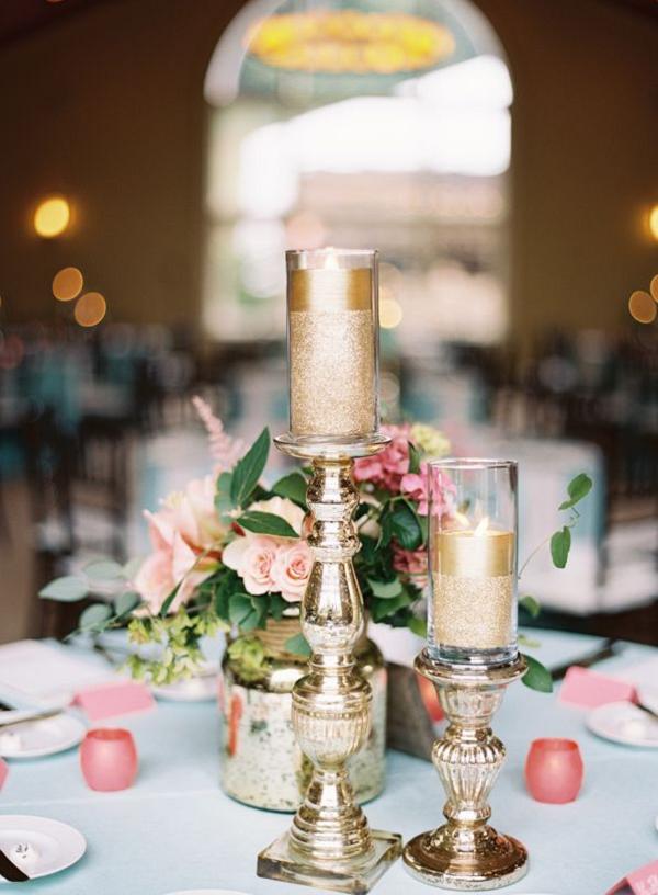 glitter and pink candle wedding centerpiece