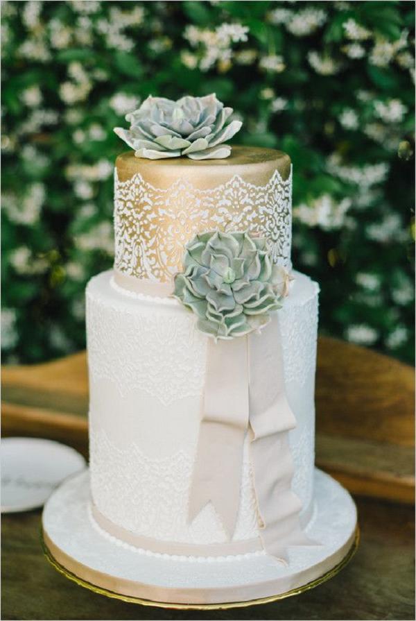 gold and white succulent wedding cake