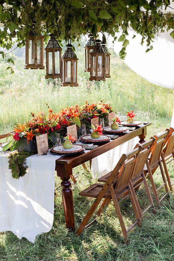 hanging lanterns over the reception table