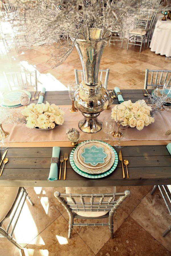 mint and gold winter wedding table decor ideas