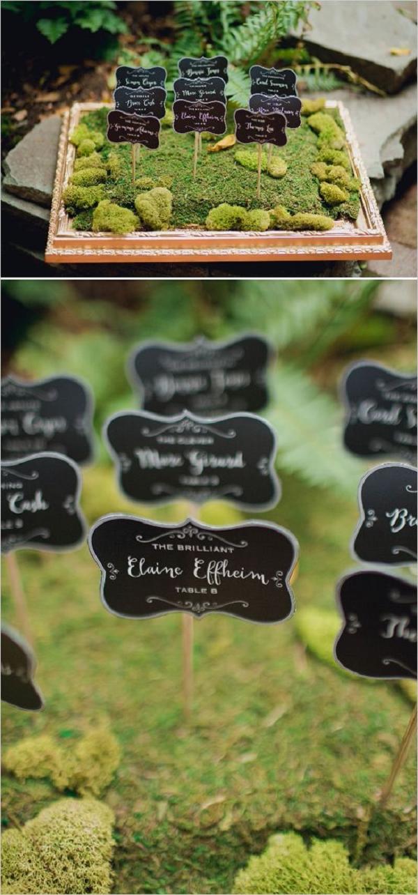 mossy black and white wedding escort cards