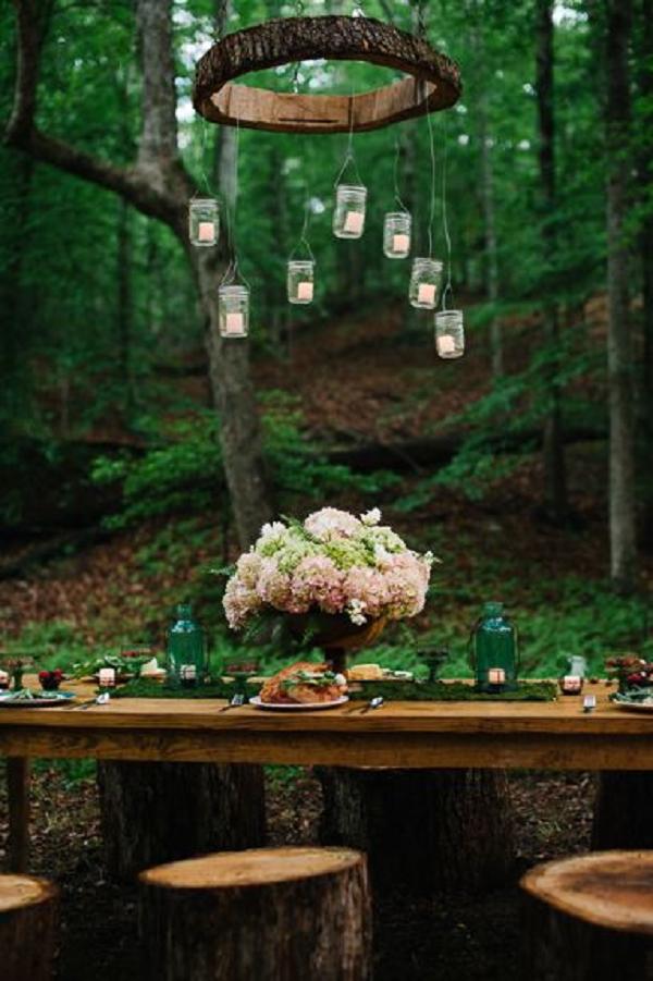 outdoor woodland wedding reception decor