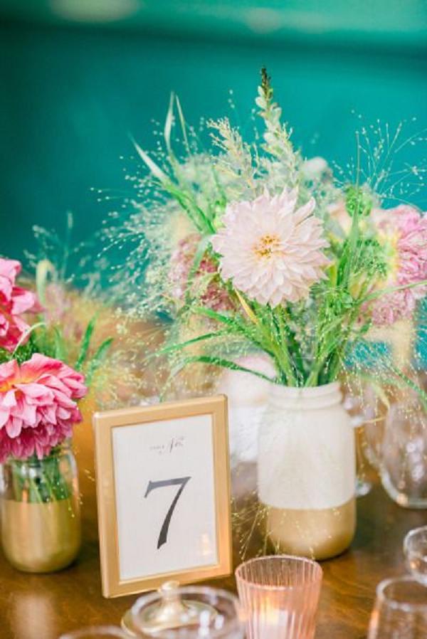 pink and gold rustic wedding centerpiece