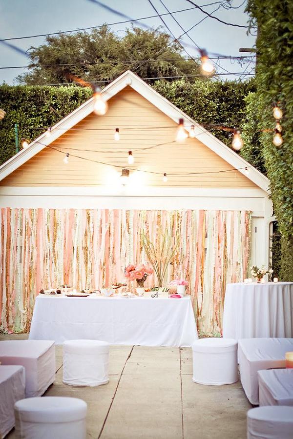 prettiest backyard pink and gold wedding backdrop
