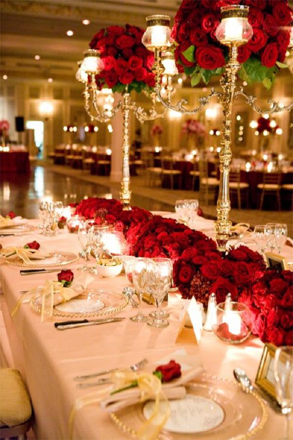 red and gold table settings and decorations