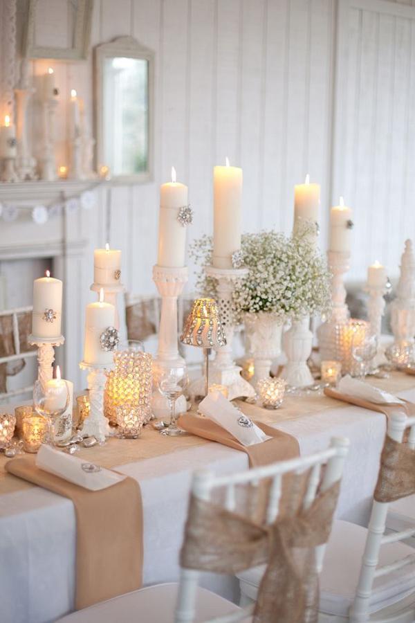rustic burlap babies breath and candles winter weding table setting ideas