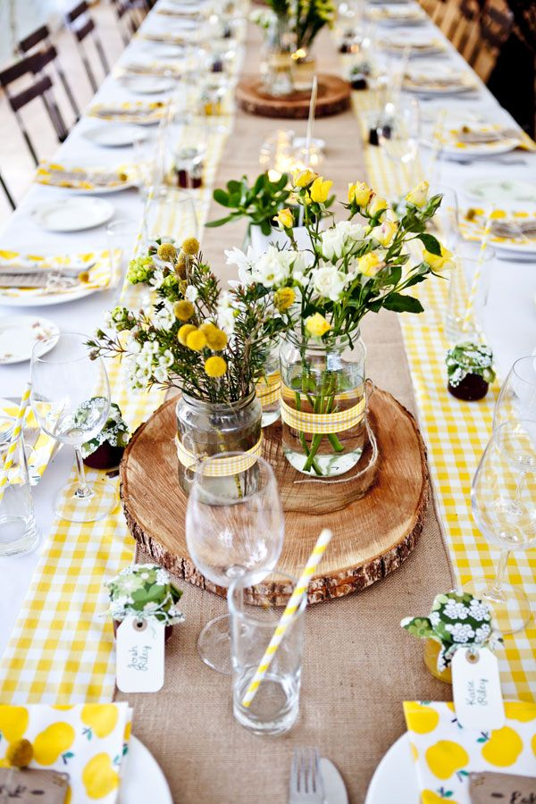 rustic country yellow wood and burlap with wild flower wedding tablescape