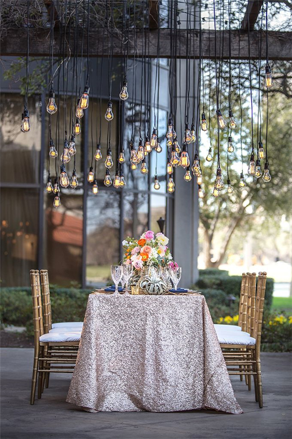 rustic hanging edison bulb wedding decor and sequin table decor ideas