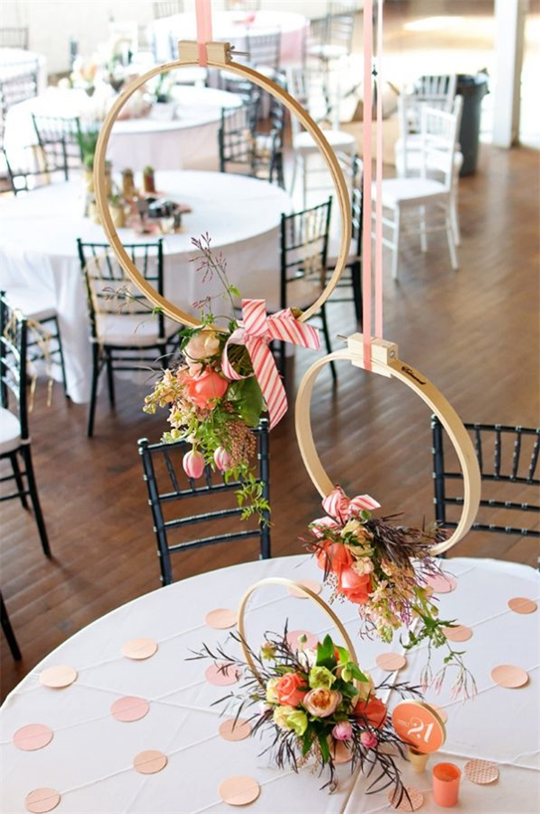 rustic hanging embroidery hoops wedding centerpieces