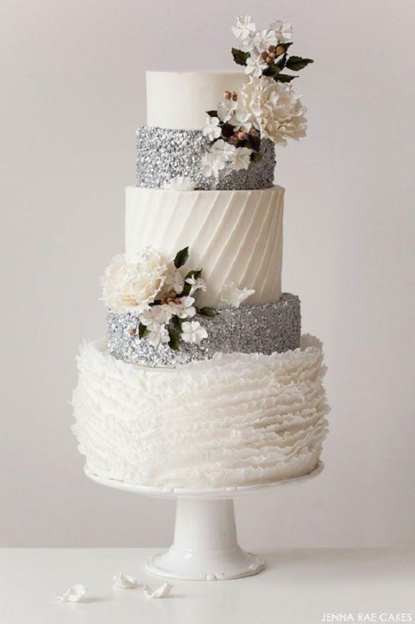 silver and white ruffles wedding cake