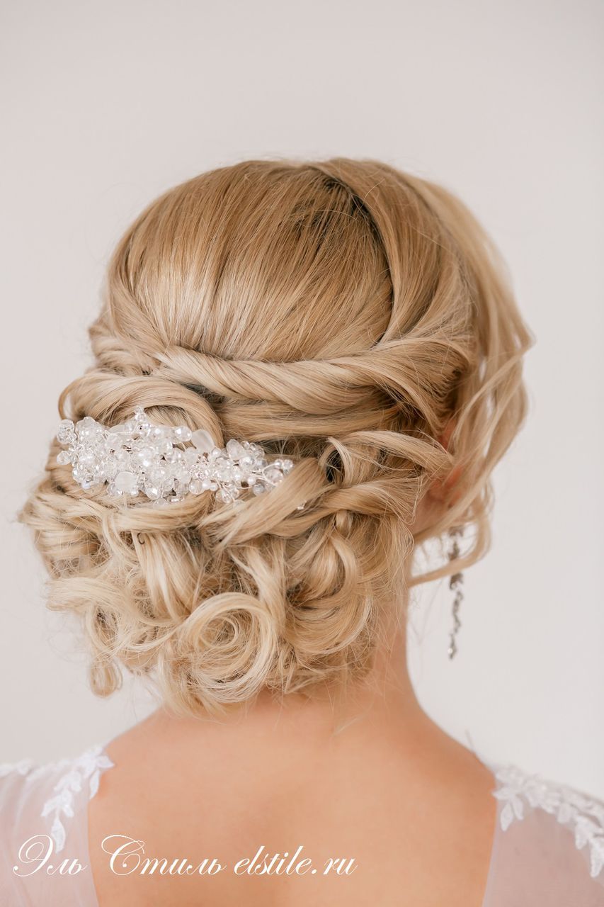 twist loose curly wedding hairstyle with beaded headpiece