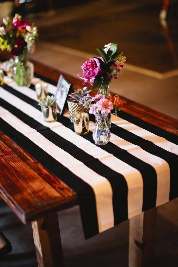 white and black striped table runner