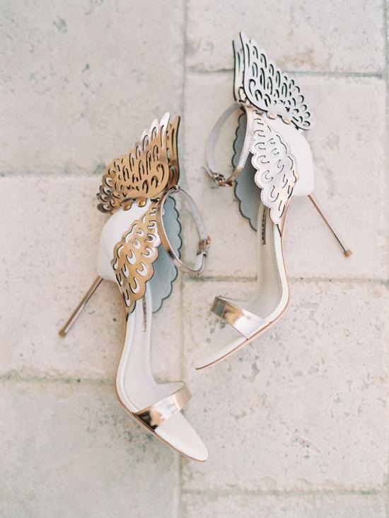 white and gold laser cut wedding shoes