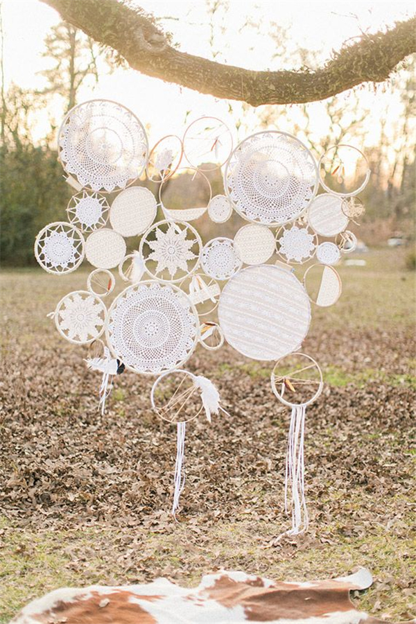 white boho dreamcatchers wedding ceremony backdrop ideas