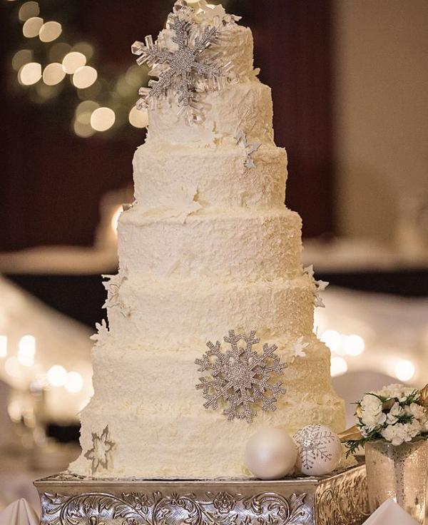 winter wedding cake with snowflake Christmas ornaments