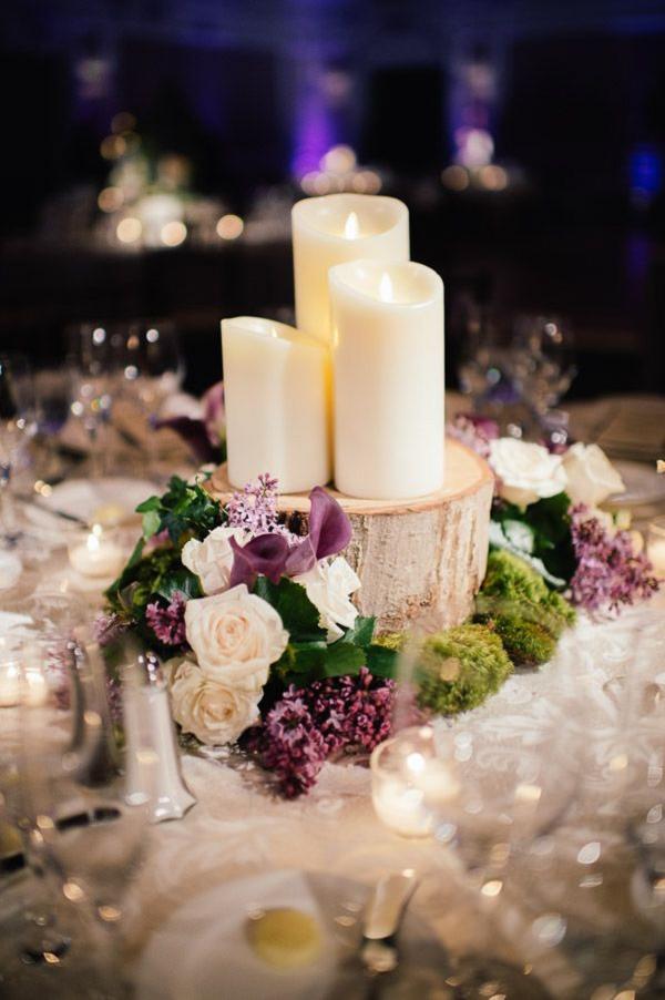 wood led candles and purple flowers winter wedding table decor ideas