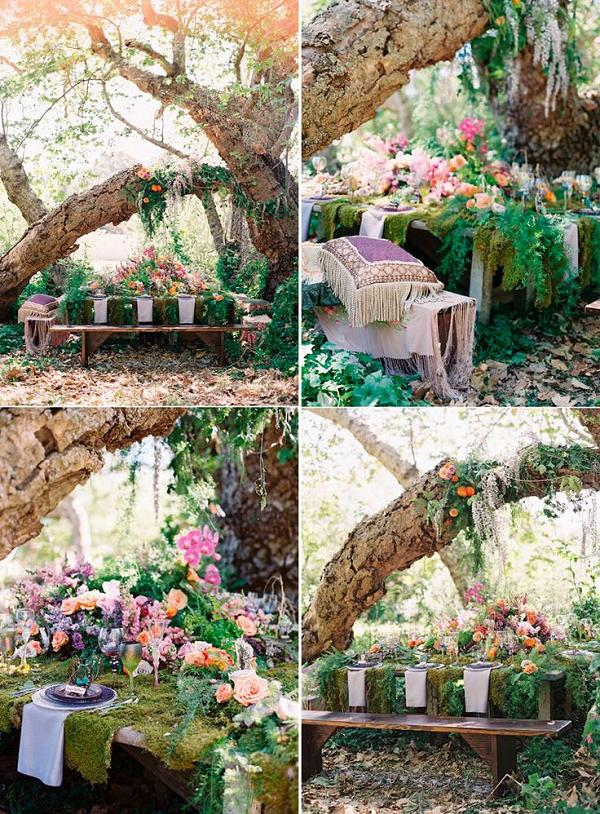 woodland purple flowers wedding table setting ideas