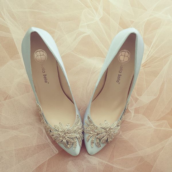 Light blue with silver glass crystal beadings wedding shoes