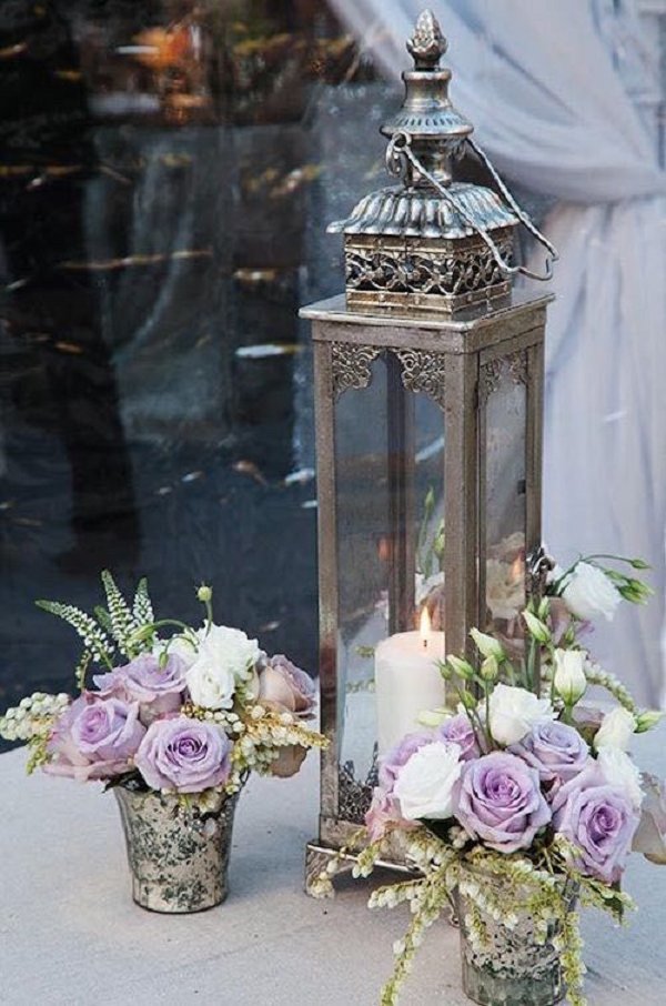 Light purple, ivory and green chic rustic wedding centerpiece