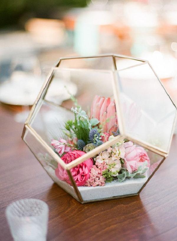 Modern pink flowers geo wedding centerpiece