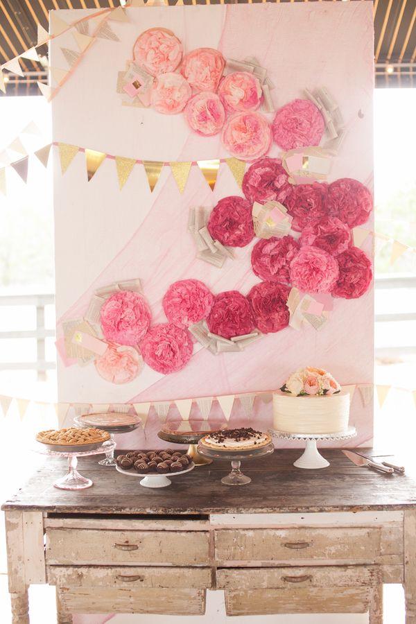 Pink Ombre paper flowers wedding dessert table setting ideas