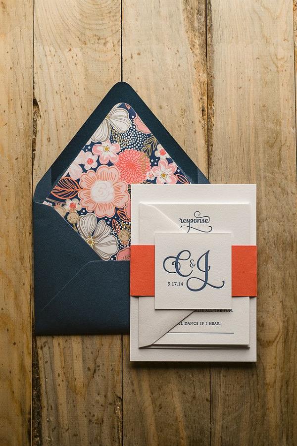 Suite Cutie Package, Navy and coral wedding invitations, letterpress wedding invitations