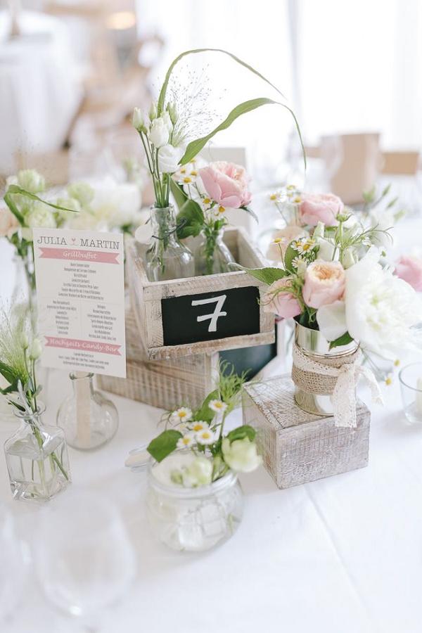 chic rustic wedding centerpieces with burlap wrapped vases and spring florals