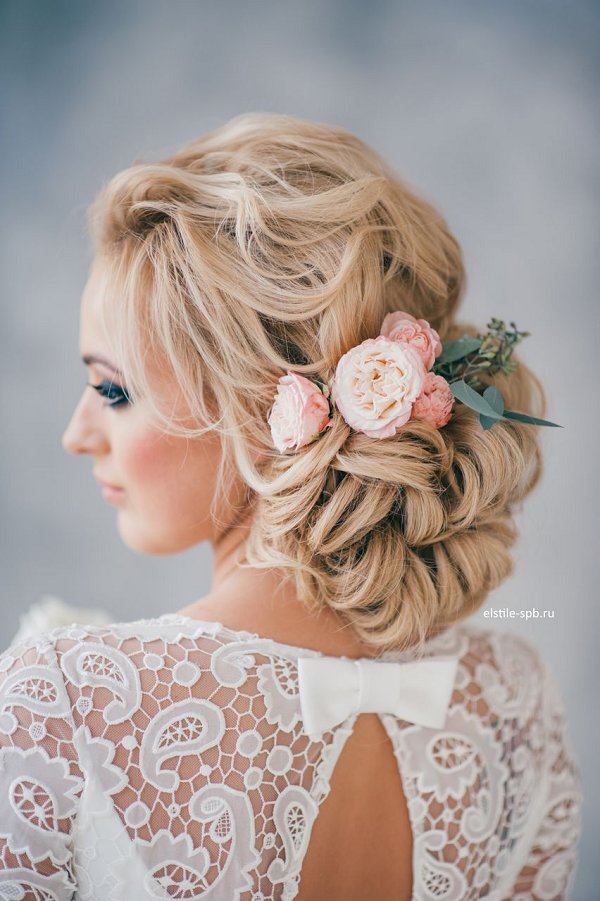 curly low updo wedding hairstyle for long hair