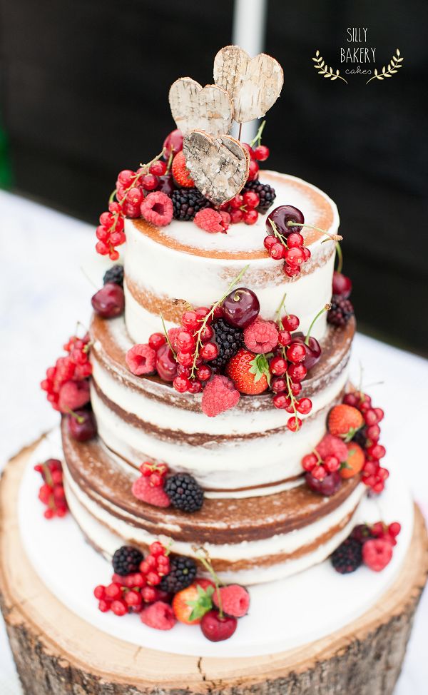 fall naked wedding cake with rustic birch heart cake topper