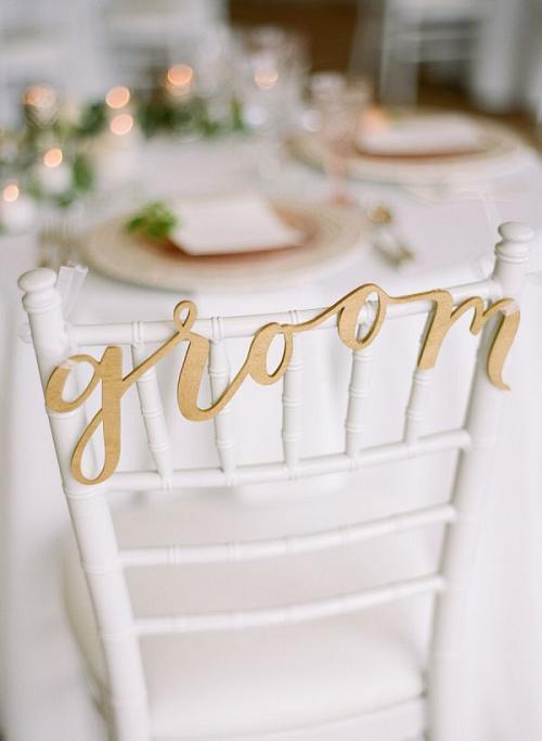 30+ Signage Wedding Chair Decor Ideas We Love 20 gold Groom's chair wedding decor