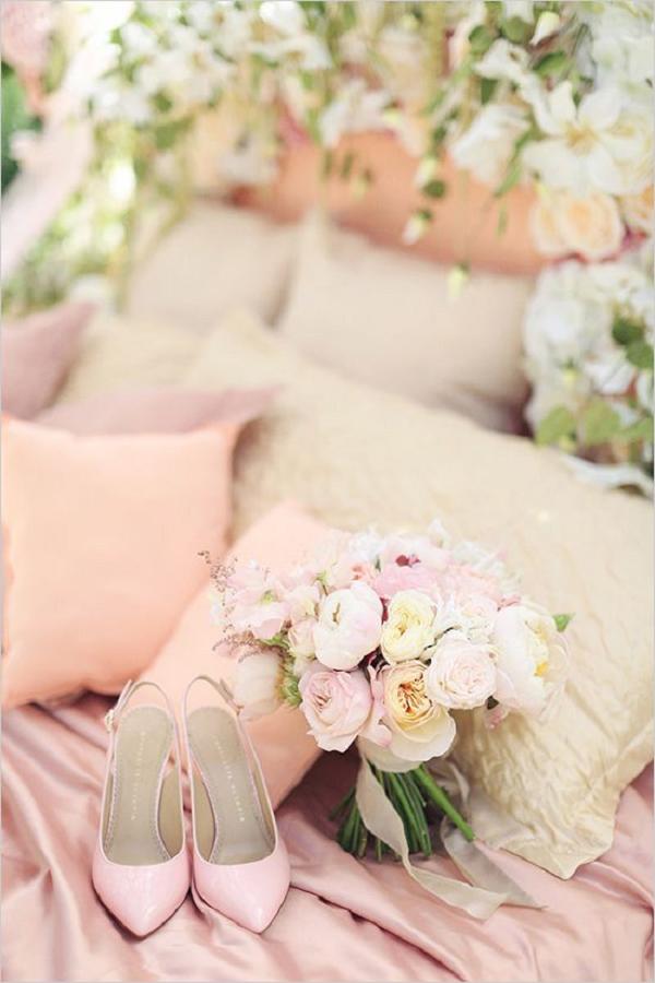 pink wedding shoes and pink wedding bouquet
